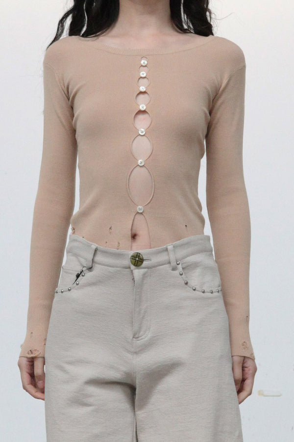 Rui Zhou Hollow Long Sleeve Top Series RUI-RAW23KN15-YANMAI Oatmeal